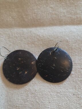 Natural Dark Brown Coconut Shell Disc Drop Earrings